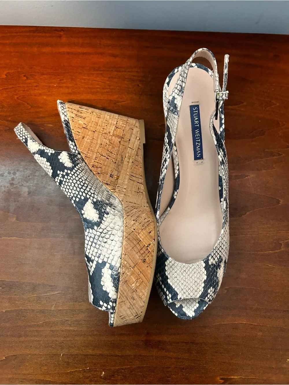 Stuart Weitzman Black & Cream Jane Snake-Print Cork Platform Sandals size 91/2 M